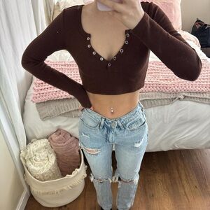 Garage Chocolate Brown Eyelet Crop Top